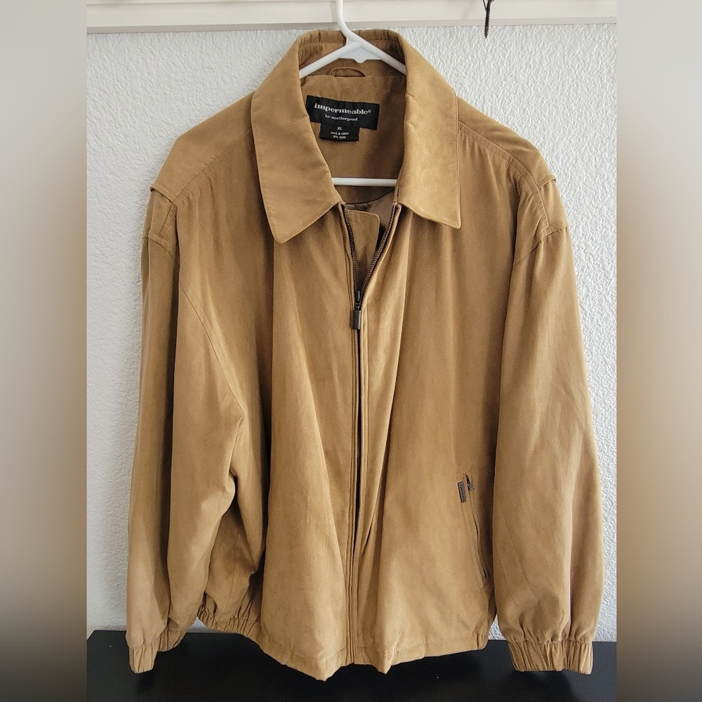 Men's XL Tan Faux Suede Leather Collar Bomber Weatherproof Jacket